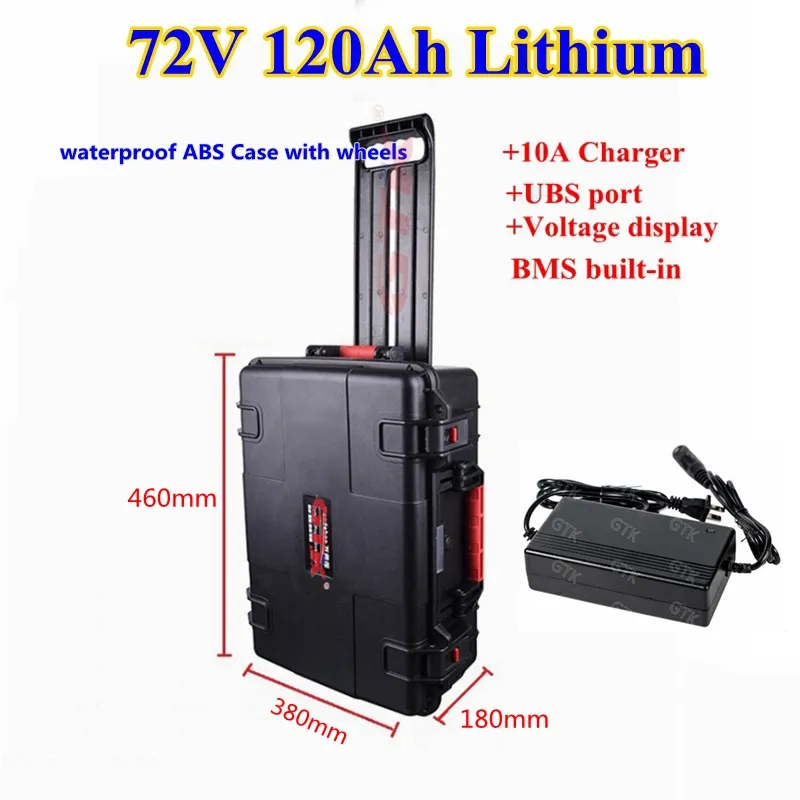 72v 120ah 100ah Lithium Li Ion Batteri med 100A BMS och spänningsdisplay för solenergi Storage Caravan Motorcycle + 10A laddare