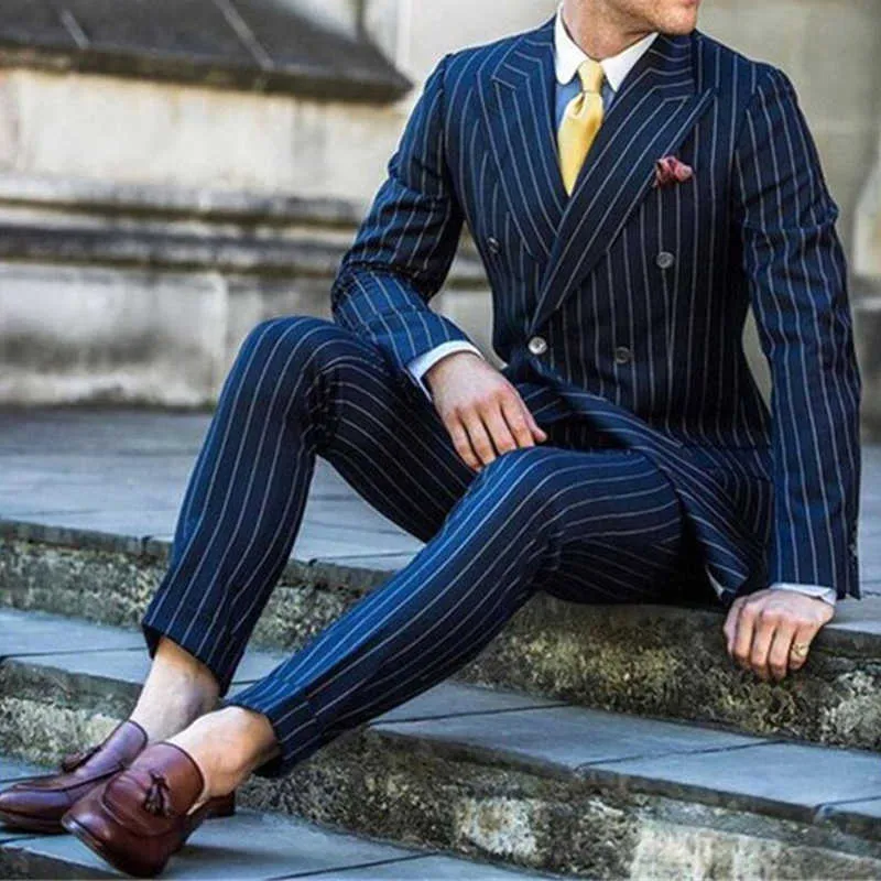 PINSTRIPE Slim Fit Men Suits для парня с двубортным 2-х частями свадьба свадьба смокинг на заказ мужчина мода костюм брюки х0909