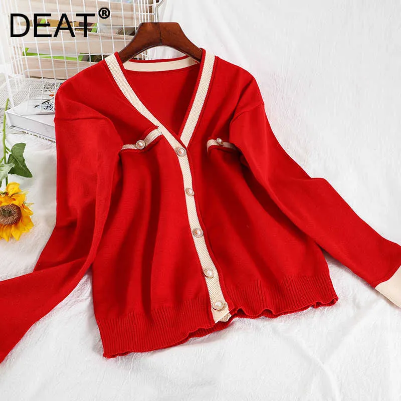 DEAT Women Loose Knitted Sweater Red Long Sleeve V-neck Single Breasted Cardigan Fashion Spring Summer MZ974 210709