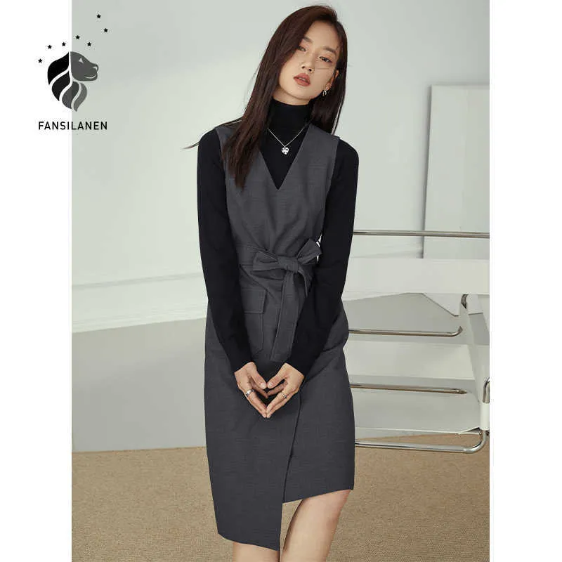 FANSILANEN Office lady sleeveless elegant blazer dress Women v neck gray autumn winter Thermal belt vintage midi 210607