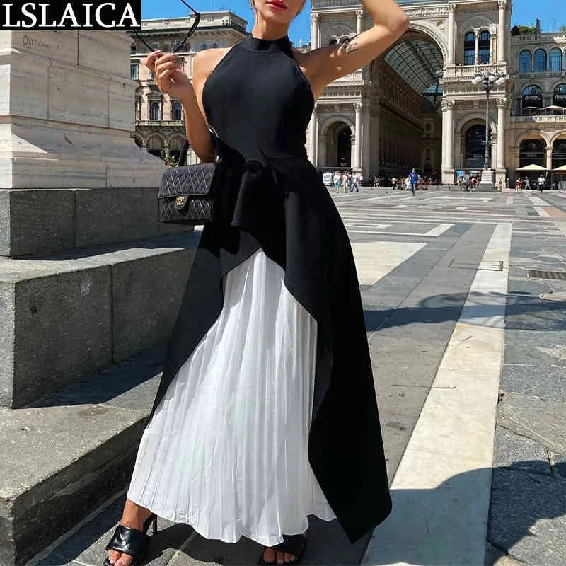 Abito donna elegante senza maniche Halter Patchwork Donna Maxi Sexy Backless Ladies Party pieghettato a vita alta Sukienki 210520