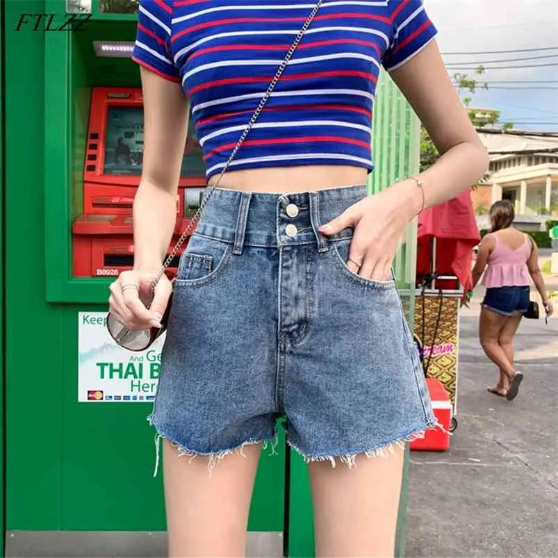 Sommar kvinnor hög wasit frayed lösa blå denim shorts casual kvinnlig brett ben plus storlek vintage jeans 210430