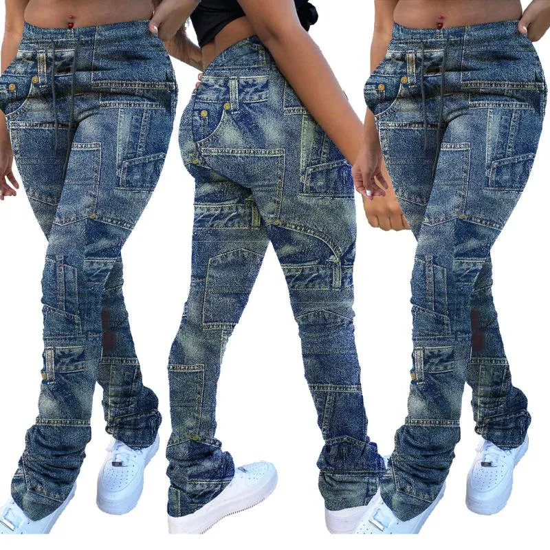 Imitazione jeans stampa impilati pantaloni sportivi leggings donne coulisse strappo streetwear patchwork pantaloni colorati a vita alta pantaloni casual da donna c