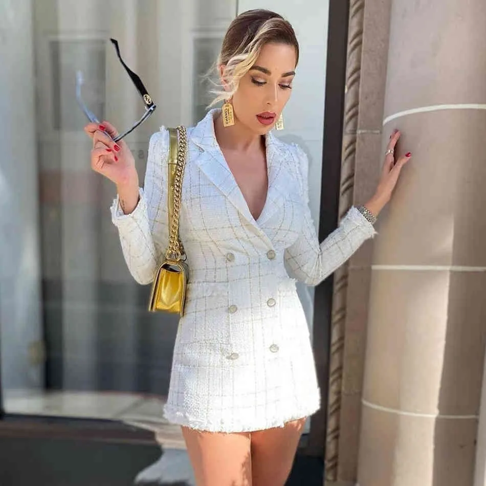 white checked long sleeve blazer dress Miss Circle Quilla White Feather Crystal Sleeve Backless Blazer Dress XS
