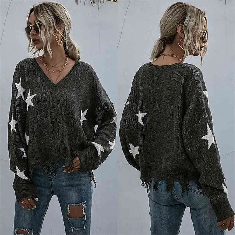 Off Shoulder Autumn Sweater For Women Fringe Distressed Knitted Female Tops Star Tassel Long Sleeve Pullover Sweaters 210517