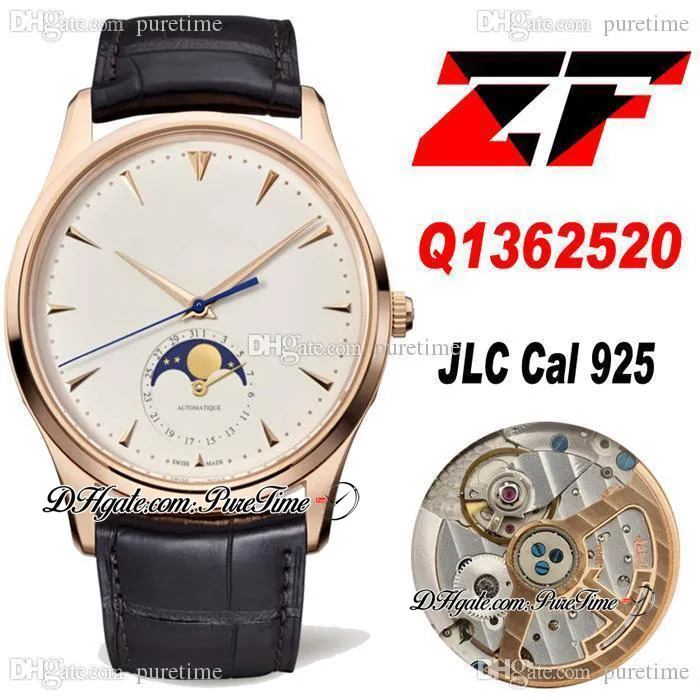 ZF Master Ultra Fino 1362520 JLC Cal.925 Mens Automático Assista Moon Fase Data 39mm Rosa Ouro Branco Dial Brown Strap de Couro Relógios Super Edição Puretime B2