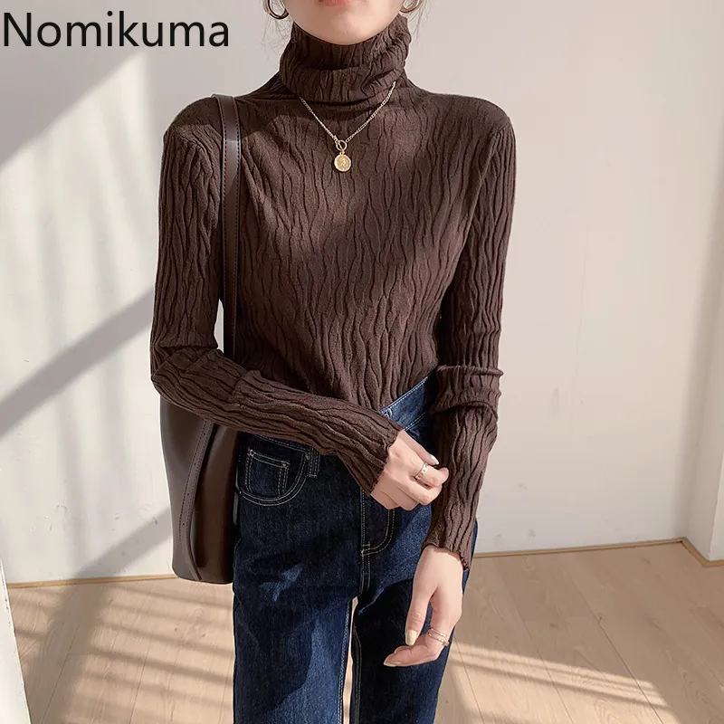 Nomikuma Slim Camisola Mulheres Cor Sólida Manga Longa Turtleneck Pullover Jumpers Corean Chic All-Match Tops Básico 3D214 210514