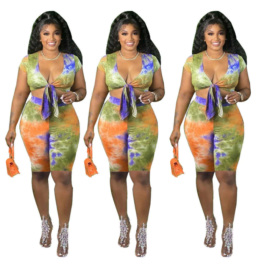 Tie-dye impression femmes grande taille Sexy deux pièces ensembles 2021 été col en v profond à lacets hauts courts Biker Shorts Clubwear tenues X0709