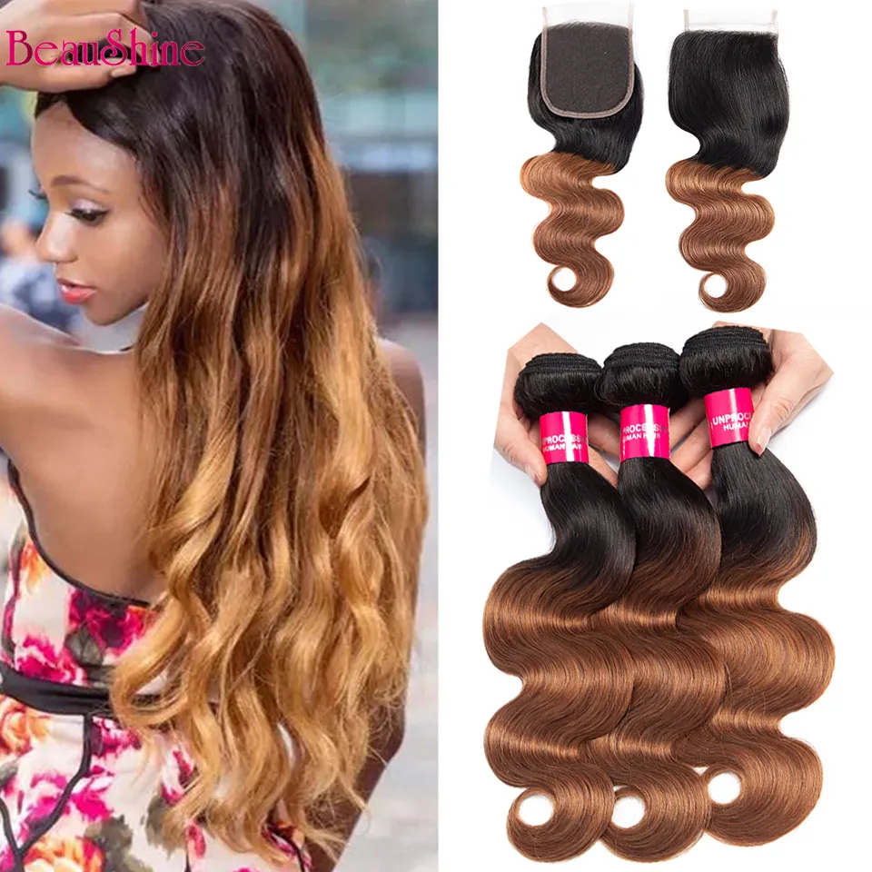 3 Bundles 1b 30 Brazilian Body Wave Hair With Closure Ombre 4x4 Lace Closure With Human Hair Bundles