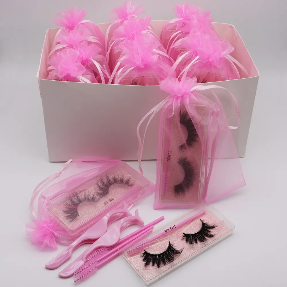 3D Mink Eyelash Faux Haar False Natural Cross Eye Washes Extension with Wimpers Tweezer Lash Brush Set in Pink Tas Gratis Aanpassen Service en DHL