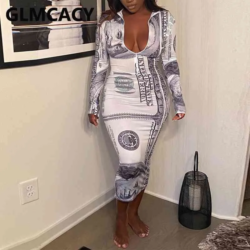 Women Long Sleeve USD Printed Bodycon Dresses 210702