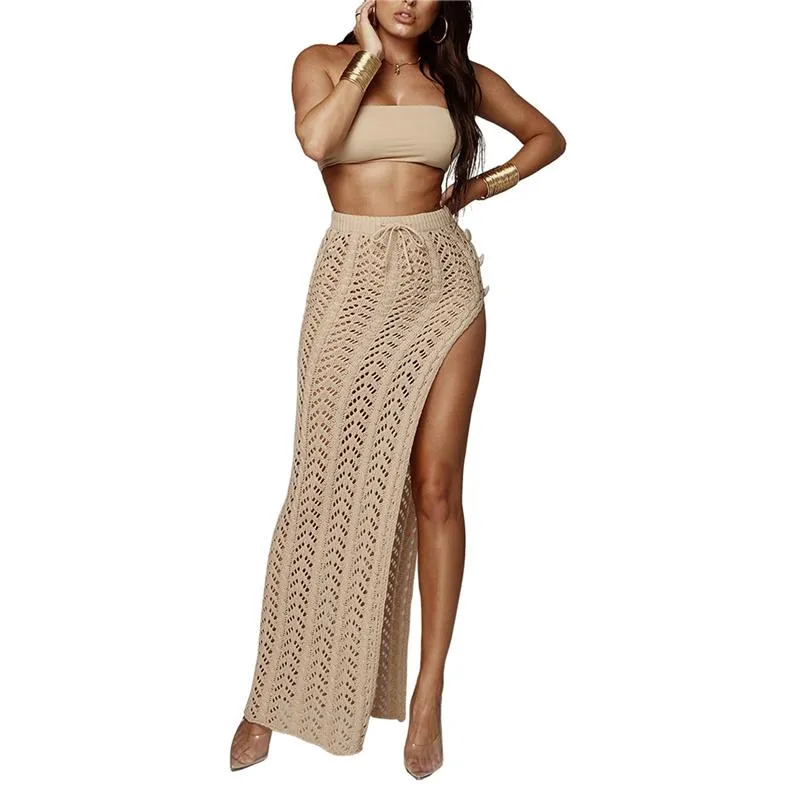 Xingqing Knitted Beach Skirt Solid Color Crocheted Hollowed-Out Splitting Knee-length Long Cover-Ups Women Beachwear Women's Swimwear