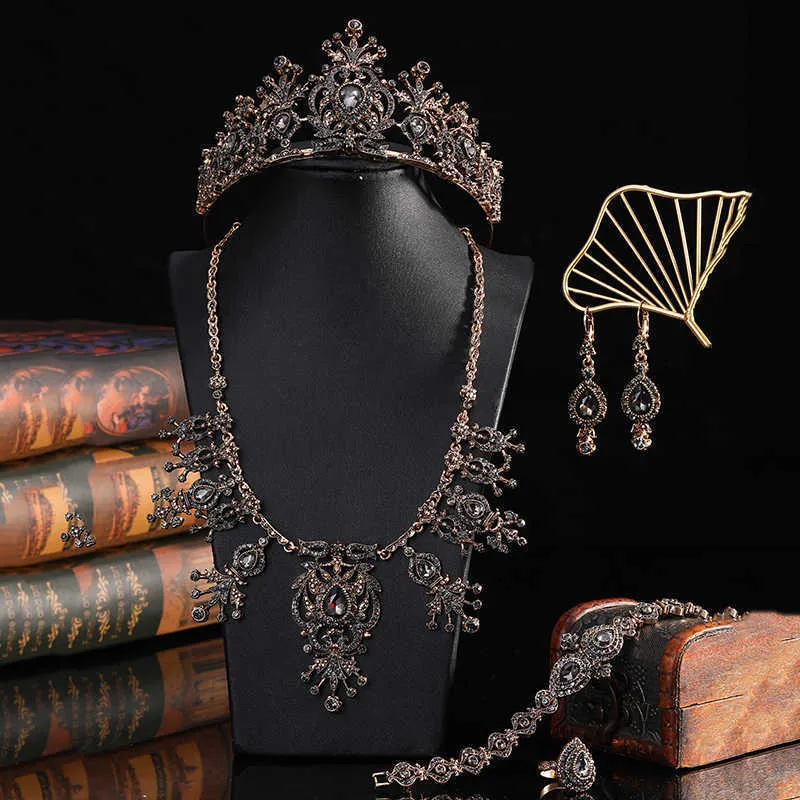 Бронзовый набор с турецким стилем ожерелья / серьги / кольцо / браслет / браслет / корона для ювелирных изделий для кафтанской свадьбы невесты H1022
