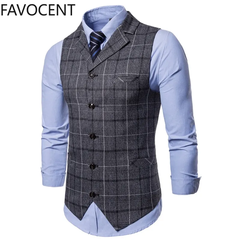 Mens Vest Casual Business Men Suit s Male Lattice Waistcoat Fashion Sleeveless Smart Top Grey Blue 210923