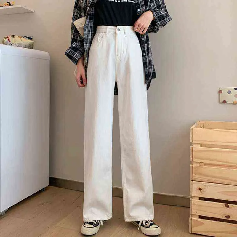 Vrouwen witte casual jeans aankomst herfst Koreaanse stijl All-match losse hoge taille vrouwelijke wijd been denim broek T012 211129