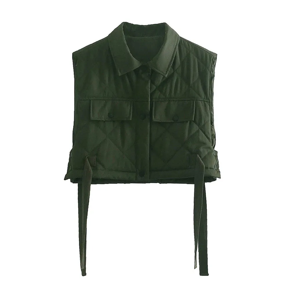 BBWM Mulheres Verde PoCekts Quilting Collected Coletes Fashion Side Botons Gravata Cole-Down Collar Waistcoat Streetwear 210520