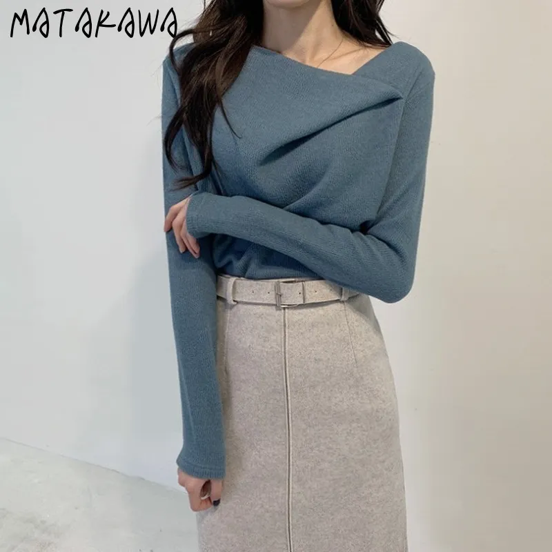 Matakawa One-Shoulder Långärmad Kvinnor Sticka Tröja Höst Slim Bottoming Shirt Fashion Pullovers Top 210513