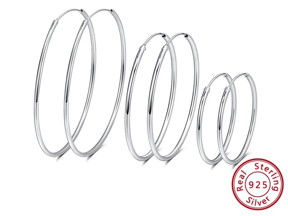 Äkta 925 Sterling Silver Big Circle Hoop Örhängen för kvinnor 30cm 40cm 50cm 60cm mode örhänge smycken