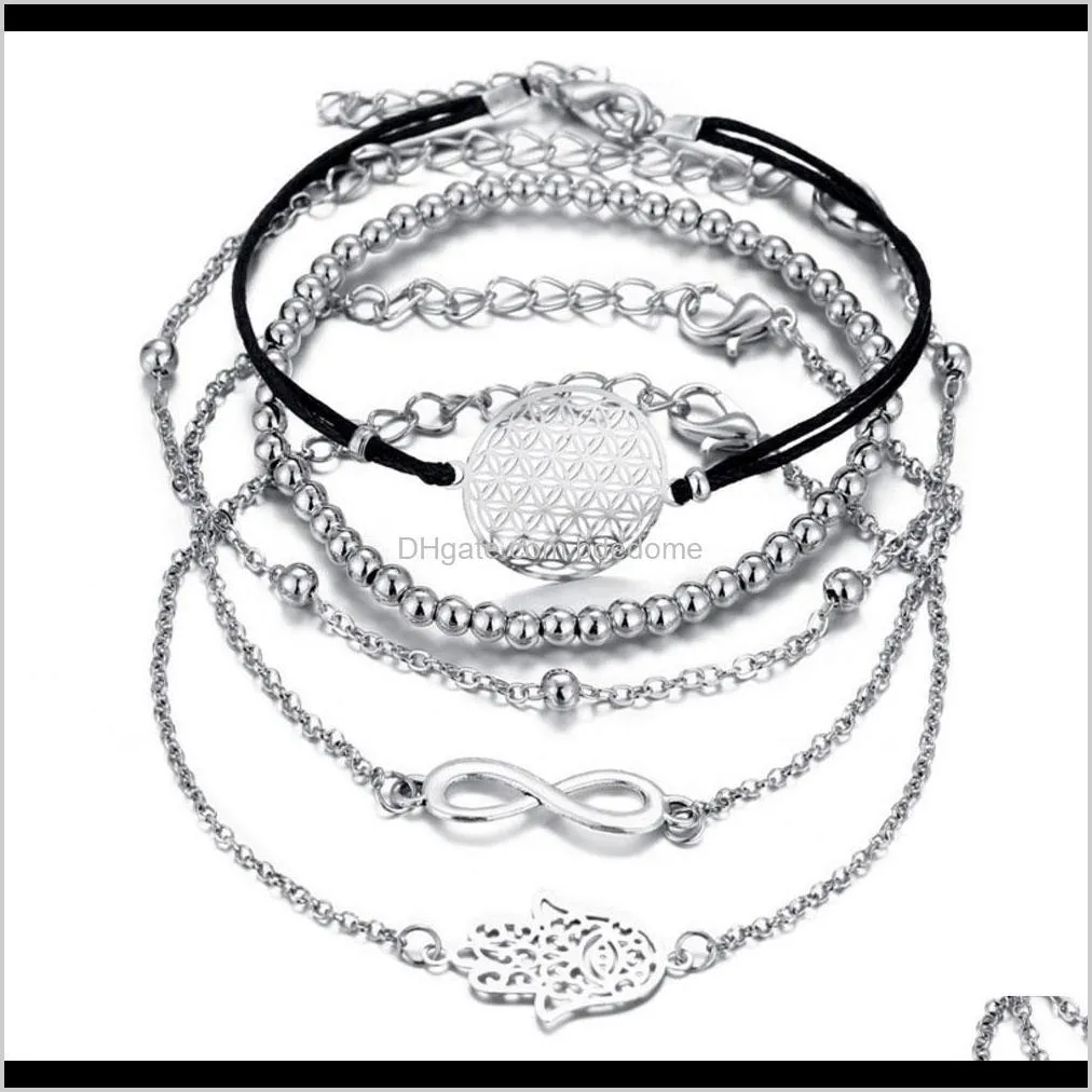 bracelet set 5pcs/set bead chain bead strands hollow-out hand round disc 8 charm silver color plated metal chain string