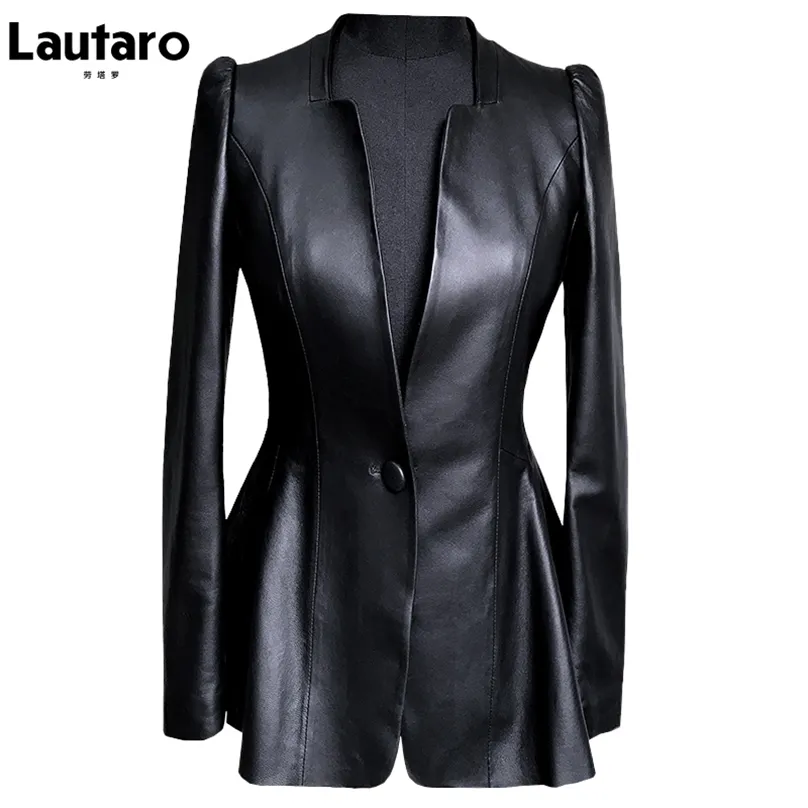 Lautaro outono preto magro macio pu jaqueta de couro mulheres profundas vice-pescoço longo manga elegante luxo contornado blazer moda 211130