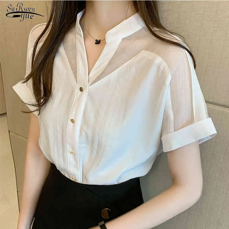 Été col en v chemise blanche femmes en mousseline de soie vêtements solides à manches courtes hauts en maille Blusas Mujer De Moda bureau dame Blouse 9635 210508