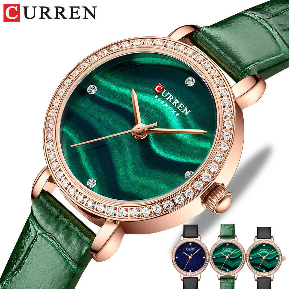 Curren Luxury Branded Rhinestone Quartz Wristwatches Womens Charming Wrist with Thin Watch Leahter Clock Female Q0524