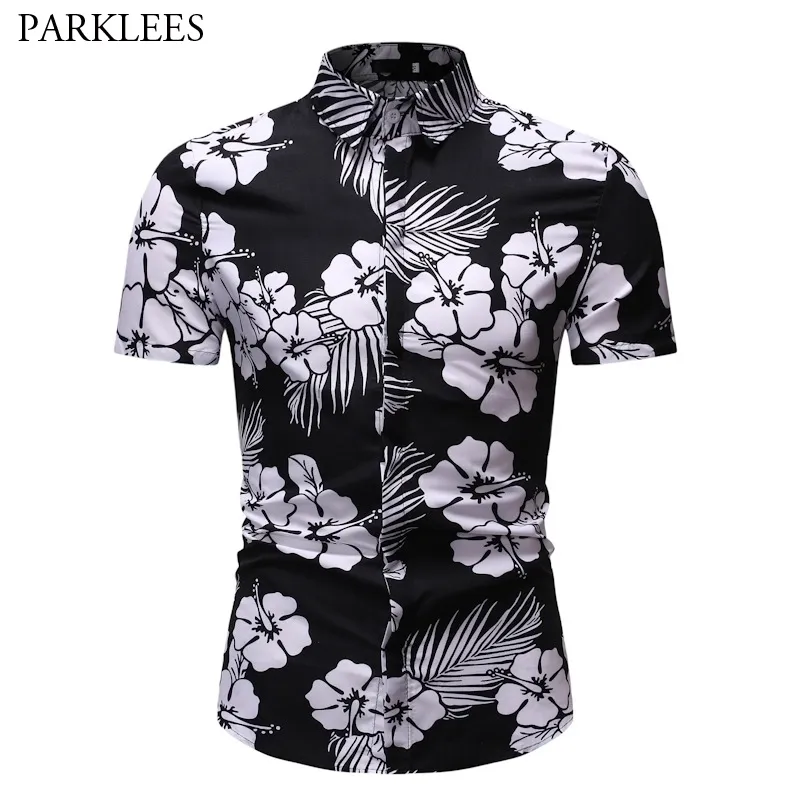 Branco Floral Impressão Hawaiian Camisa Homens Holiday Aloha Mens Casuais Camisa Slim Fit Tropical Camisa Tropical Chemise 210522