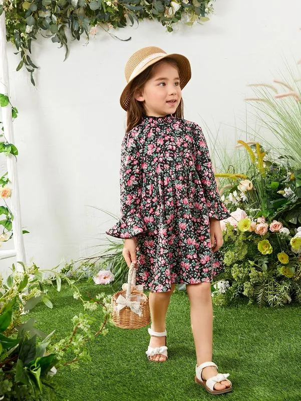 Toddler Girls Floral Fiok Sleeve Sukienka ona