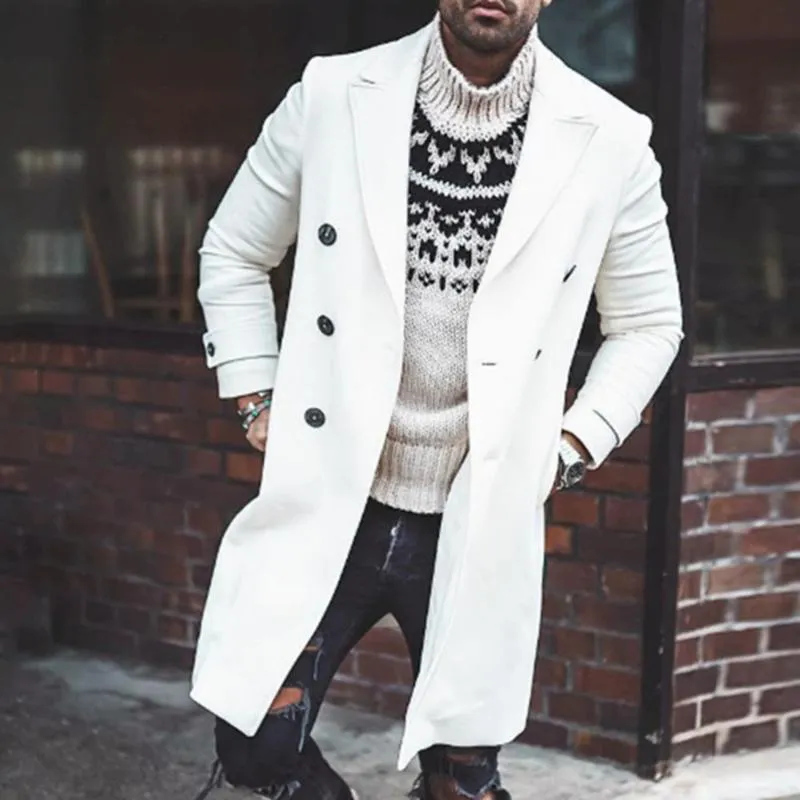 남자 양모 코트 이중 가슴 흰색 포켓 옷깃 긴 트렌치 대형 아웃복 패션 캐주얼 사무실 재킷 스프링 얇은