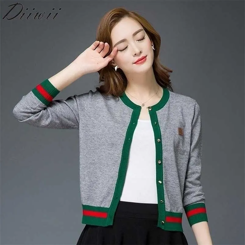Diiwii女性のニットカーディガンコントラストカラーラウンドカラー薄型セーター秋ファッション女性服211007