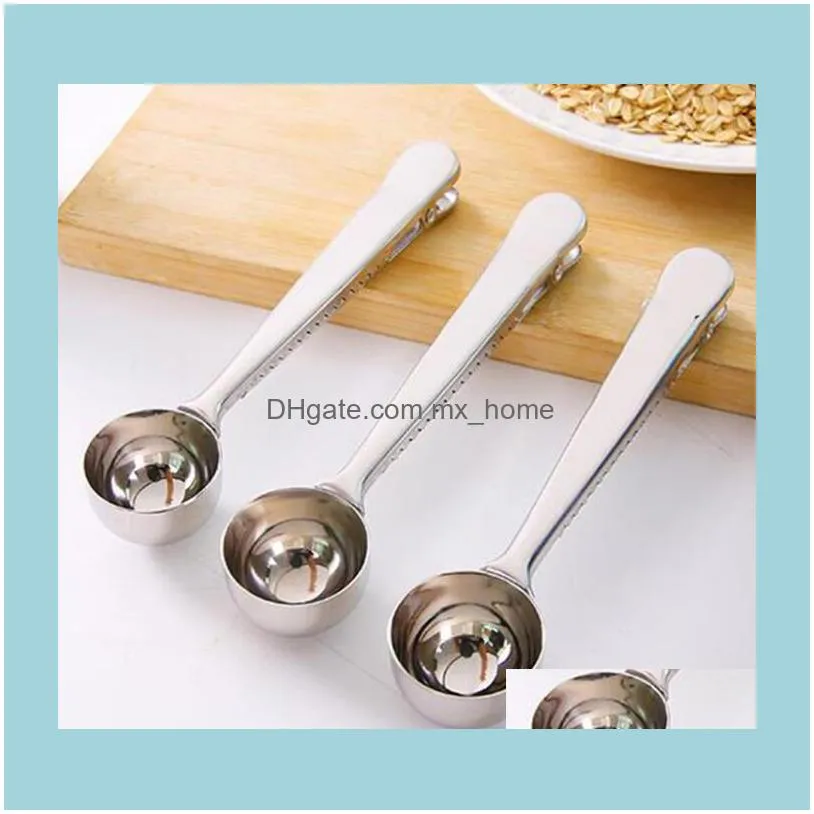 Stainless Steel Coffee Scoop Multifunction Spoon Sugar Scoop Clip Bag Seal Measuring Clamp Spoons Portable Food Kitchen Tool Supplies