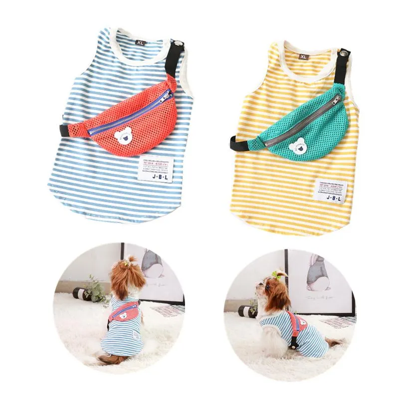 Ropa para perros Camisetas frescas con mochila Algodón Stretch Stripe Arnés Chaleco Ropa de verano para Chihuahua Teddy Pet Supplies S-3XL