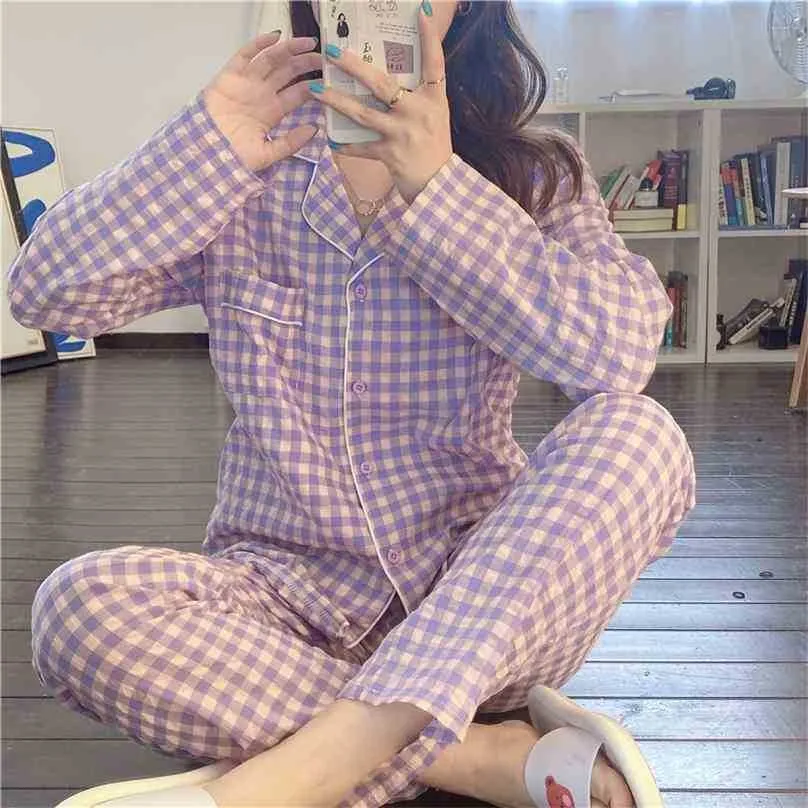 Casual plaid bomull pyjamas två styck passar mjuka snygga sovkläder kvinnor Femme hem chic lösa uppsättningar 210525