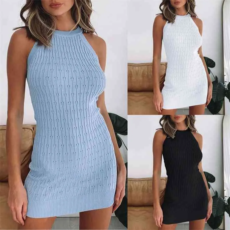 Vestido lápiz de mujer Verano Casual O-cuello Sin mangas Halter Bolso sólido Cadera Slim Fit Chic Traje de moda 210522