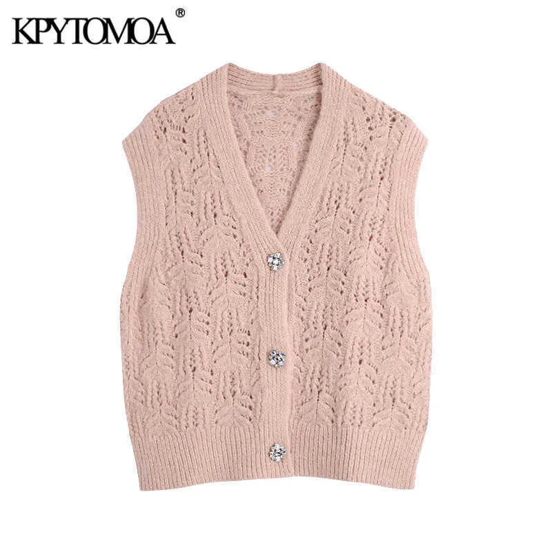KPytomoa Mulheres Doce Moda com Bejeweled Botões Tricotadas Vest Sweater Vintage Sem Mangas Femininas Waistcoat Chique Tops 211008