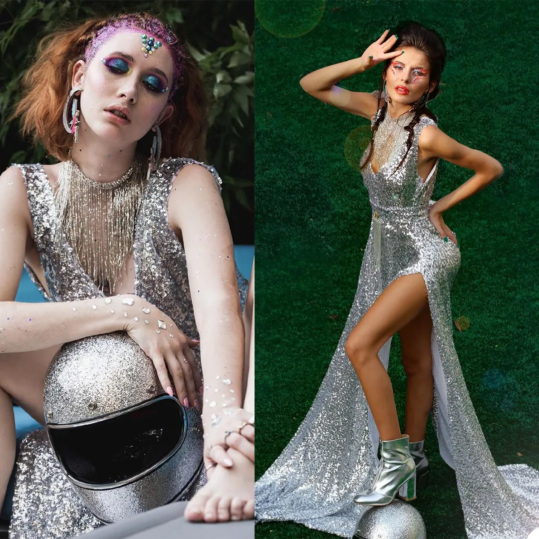 Blygsam glitter silver prom klänningar sparkly sexig tofs juvel nacke sequined sjöjungfru kvällsklänning afrikansk sweep train party club slitage outfit