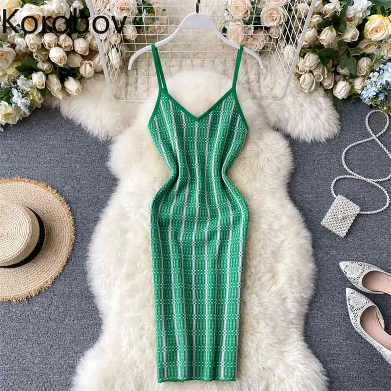 Korobov Korean Ins Plaid Striped Patchwork Knt Dress Sexy Off Shoulder Camis Open Back Vestido High Waist Hip Bodycon Ropa 210430