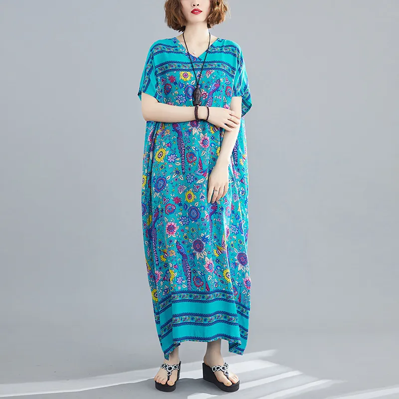 Johnature Woman Blue Print Цветочные платья Винтаж V-образным вырезом с коротким рукавом Китайский стиль летних одежда Женщины повседневные платья 210521