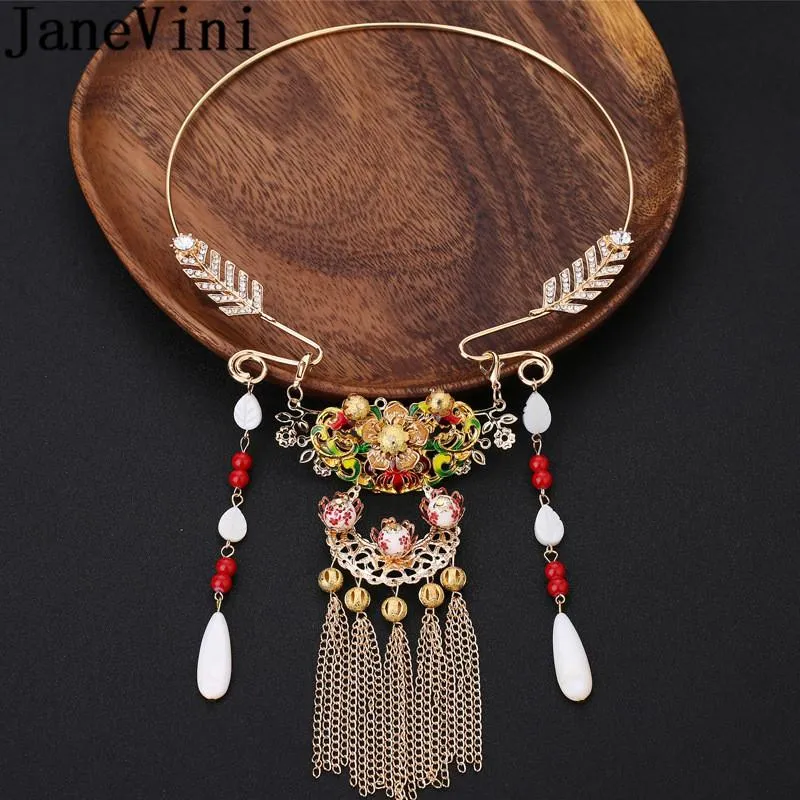 Pendant Necklaces JaneVini Chinese Style Bride Rhinestones Beads Gold Necklace Ethnic Ancient Metal Bridal Wedding Accessories