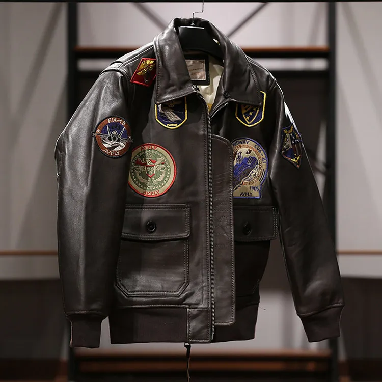 Dark brown genuine leather flight jacket with lamb fur collar and