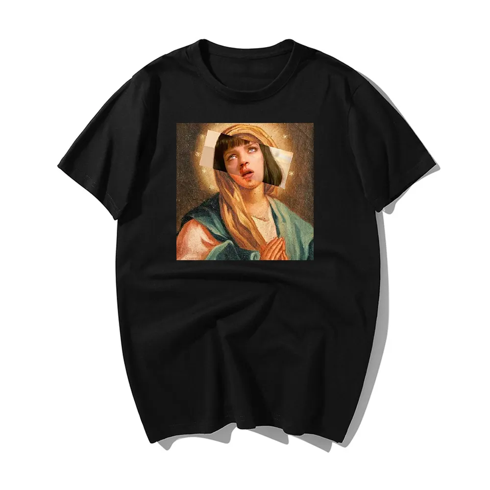 Quentin Tarantino Hip Hop T Shirt Movie Pulp Fiction Virgin Mary T Shirt Men Women Shirt Black Green Streetwear Cotton Top Tee