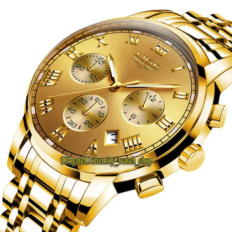LIGE eternity 9810 Relojes deportivos para hombre Dial con fecha Japón VK Movimiento cronógrafo de cuarzo Reloj para hombre Caja de acero Pulsera de acero inoxidable dorado