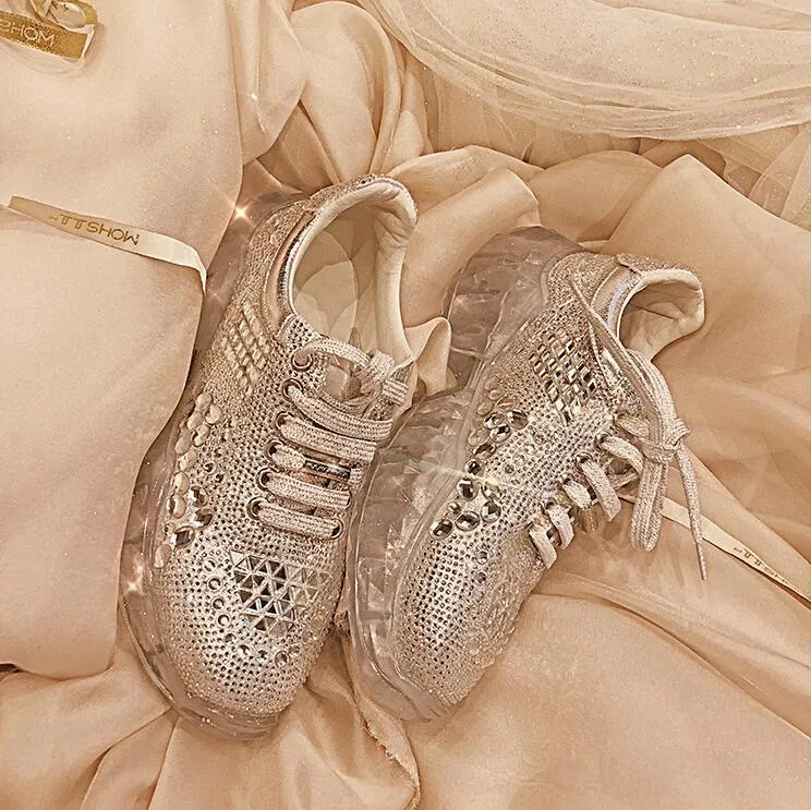 Glanzende vrijetijdsschoenen voor dames met pailletten en strass Zilveren platformsneakers met veters Elastische transparante jelly-buitenzoolschoenen