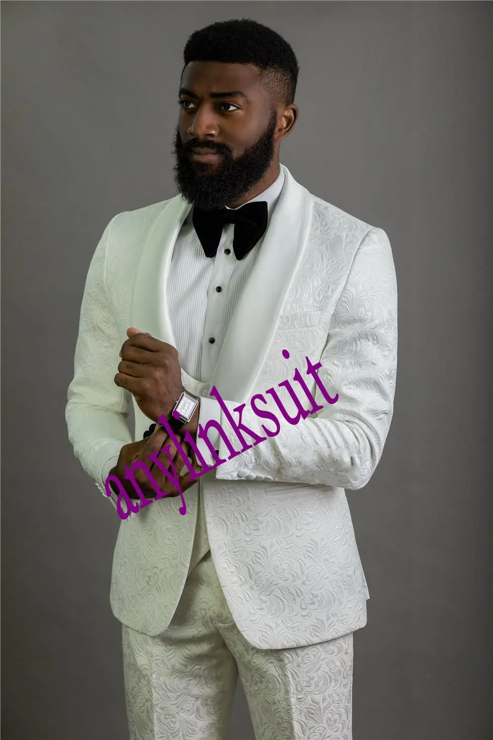 Classic Style One Button White Paisley Bruidegom Tuxedos Sjaal Revers Bruiloft / Prom / Diner GroomsMen Mannen Past Blazer (Jack + Pants + Vest + Tie) W1461
