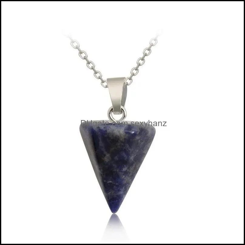 Natural Gemstone Pendant Necklace Crystal Healing Chakra Reiki Silver Stone Hexagonal Prisme Cone Pendulum Charm Necklaces Chain