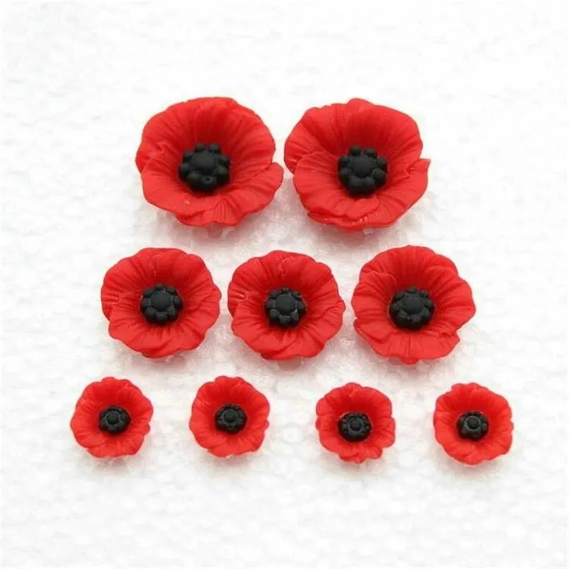 Ensemble de 100pcs Chic Résine Rouge Coquelicot Fleur Artificielle Flatback Embellissement Cabochons Cap pour La Décoration Intérieure 12-23mm 211108