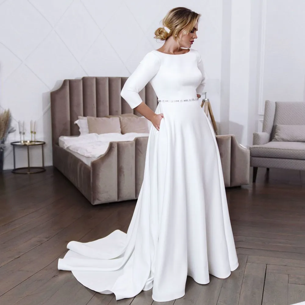 2021 Simple Plus Size Wedding Dress with 3/4 Sleeves, Scoop Neck, Pockets, A-Line Silhouette, Beading Belt - Vestido de Noiva, image size:1000x1000