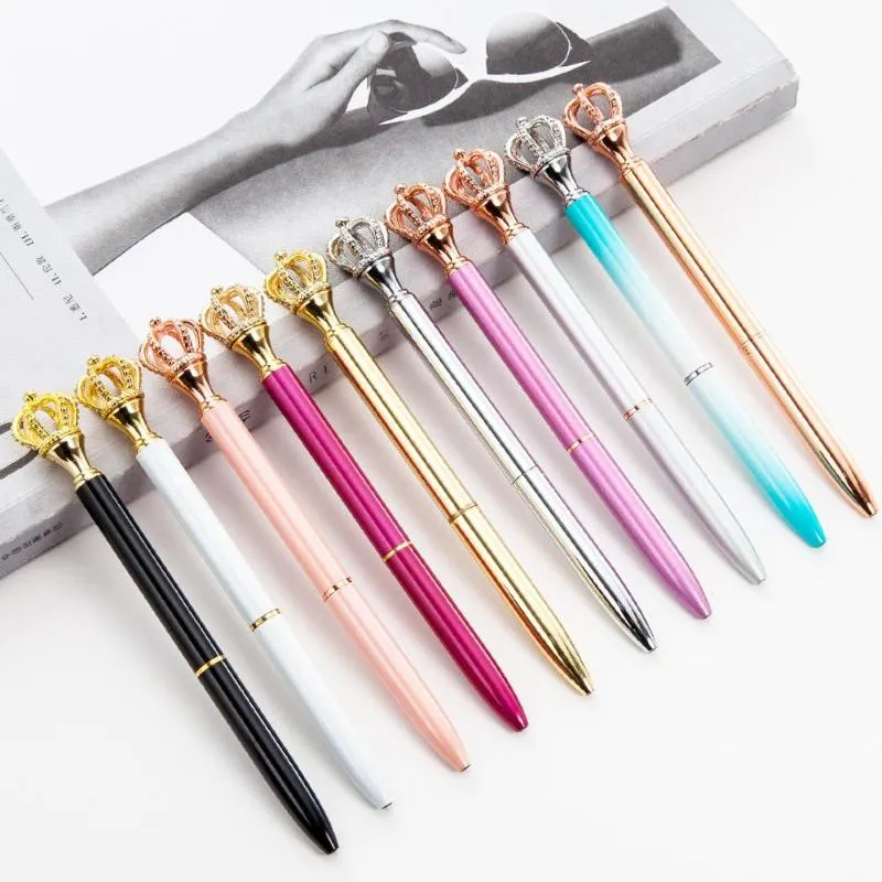 Stylos à bille Mini stylo métal couronne Cristal crayon 1 Mm encre noire couleur rotative mince stylo à bille avec étui boîte sac papeterie