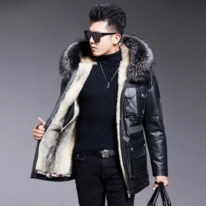 Winter Coat Genuine Leather Jacket Men Wolf Fur Jackets Overcoat Outerwear Hoodies Fox Furs Collar Thick Warm Tops Snow Wear Black Windbreakers