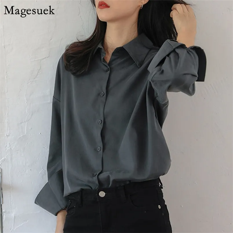 Moda Artı Boyutu Kadın Gömlek Bluzlar Sonbahar Gevşek Ofis Uzun Kollu Gömlek Tek Göğüslü Kadın Üst Mujer 11295 210512